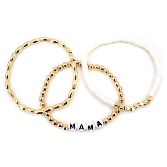 WHITE TILED 'MAMA' WHITE AND GOLDTONE BEADED BRACELET SET - Picture 1 of 1